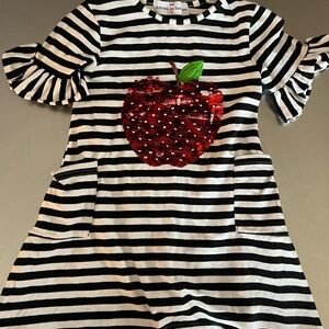 Adorable Stripes Kids Dress with Red Sequin Apple
